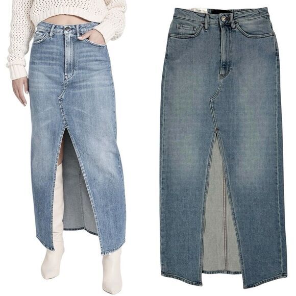 3x1 NYC Elizabella Denim Maxi Skirt Size 25‎ Made In Italy Front Split Sulfur - Picture 1 of 14